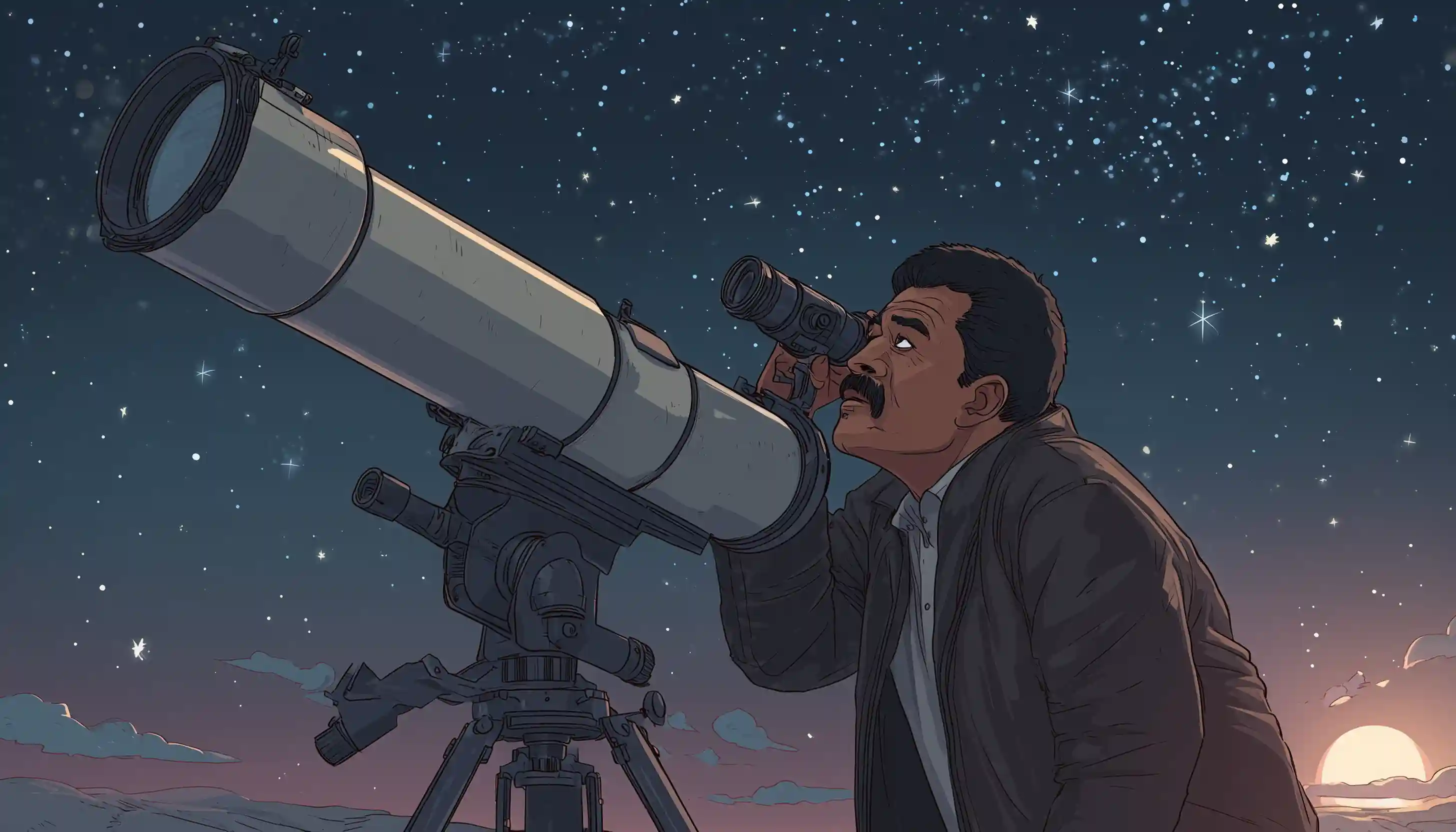 Neil deGrasse watches stars with telescope