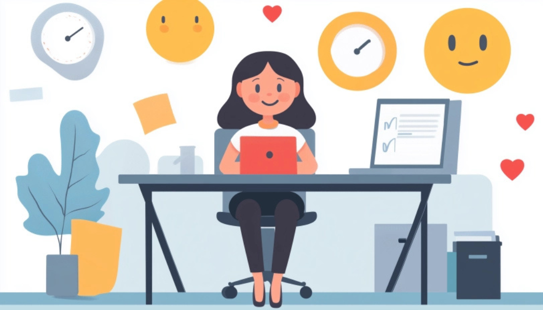 Smiling person working at a desk with happy icons, representing self-assessment for Big 5 Neuroticism personality type.