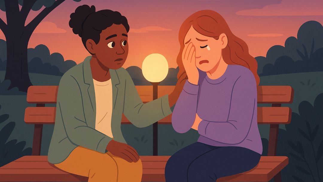 Friend offering comfort with supportive touch to upset person on park bench.