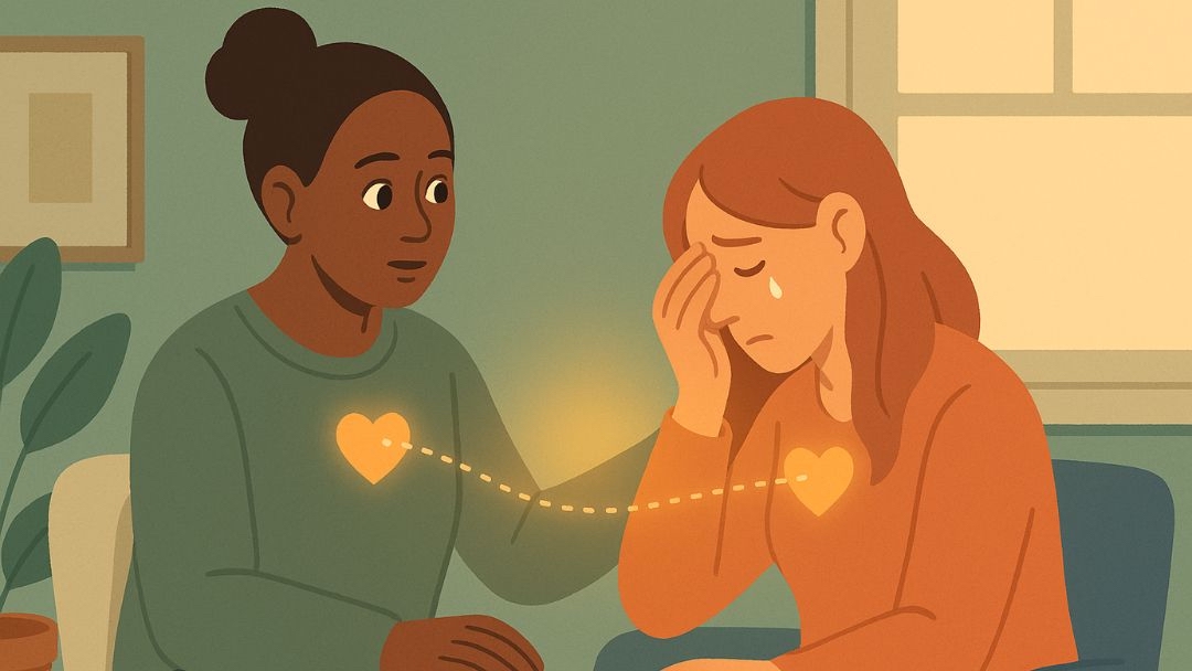 Woman offering comfort with empathy and compassion to crying friend showing emotional support