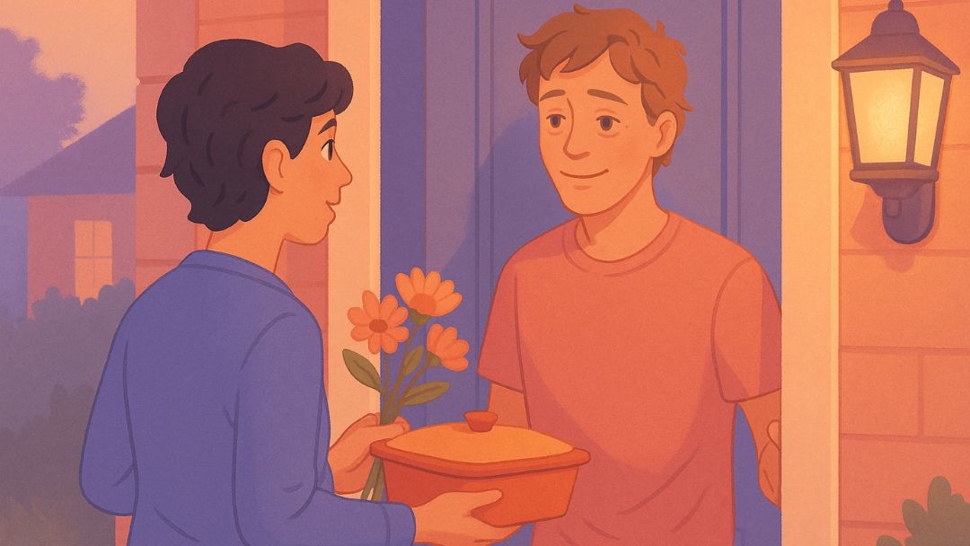 Person bringing meal and flowers to offer comfort through practical acts of kindness.