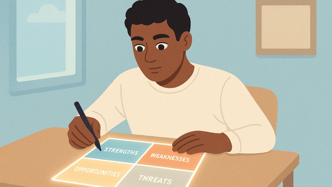 Individual completing personal SWOT analysis beginning with identifying strengths quadrant.