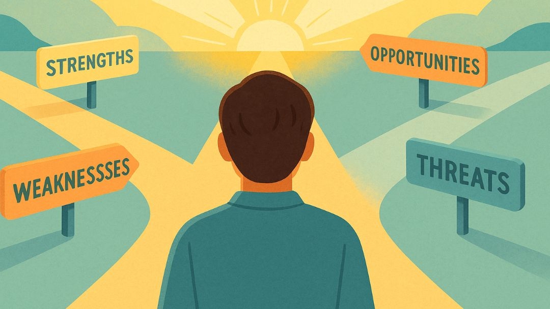 Person evaluating personal SWOT analysis elements including strengths, weaknesses, opportunities, and threats.