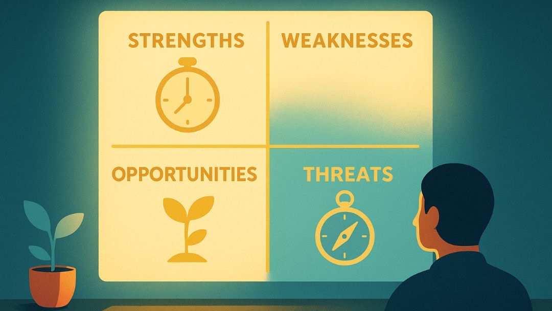 Professional reviewing personal SWOT analysis matrix with four quadrants for strategic planning.