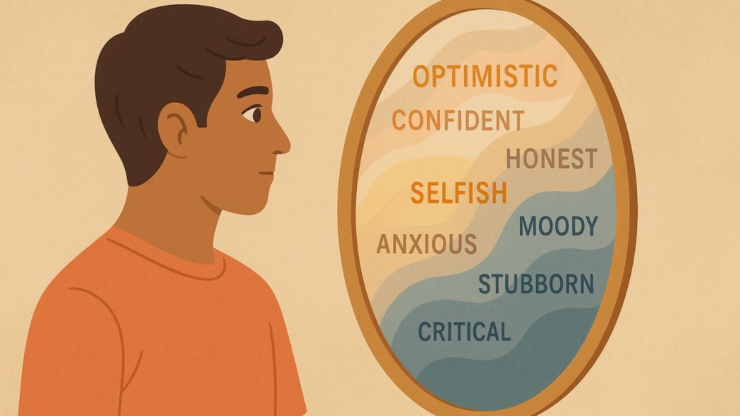 Man viewing mirror showing range of personality words from optimistic and confident to moody and critical.