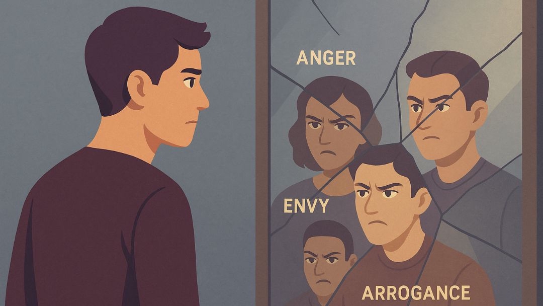 Man reflecting on negative personality words like anger, envy, and arrogance in mirror.