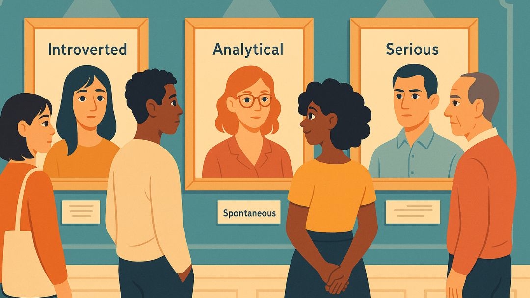 People viewing neutral personality words in gallery including introverted, analytical, serious, and spontaneous.