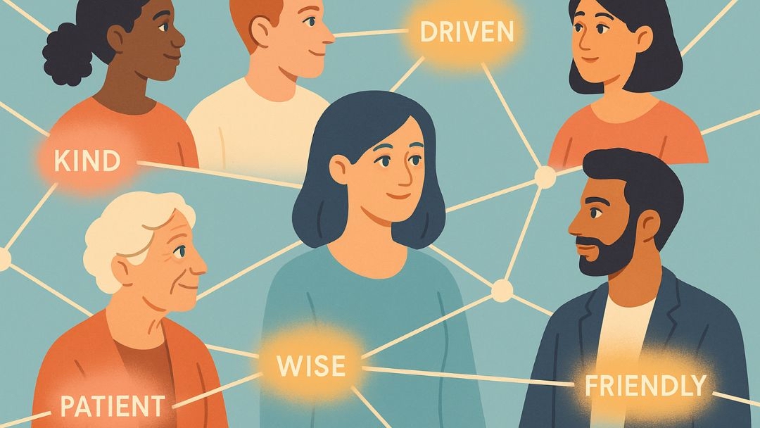 Group of diverse people connected by positive personality words including kind, driven, patient, wise, and friendly.
