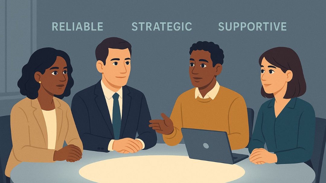 Business team displaying professional personality words like reliable, strategic, and supportive in meeting.