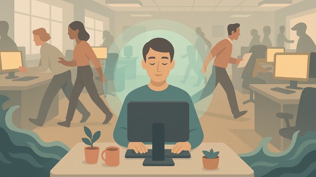 Calm worker focused amid busy office chaos exemplifying phlegmatic personality traits at work.