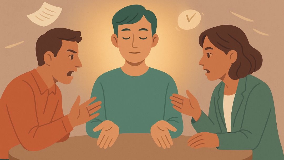 Person calmly mediating conflict between two arguing individuals showing phlegmatic personality peacemaking.