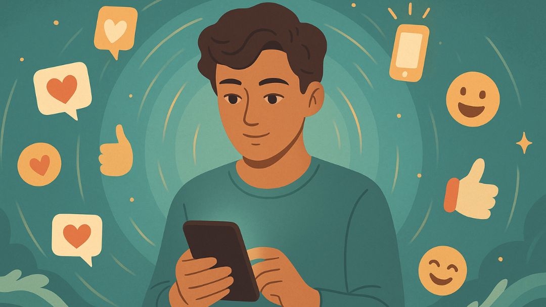 Person with phone and social media icons representing phlegmatic personality in modern digital world.