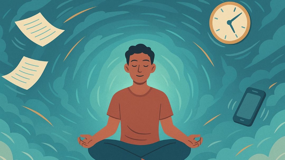 Person meditating calmly amid chaos illustrating phlegmatic personality traits.