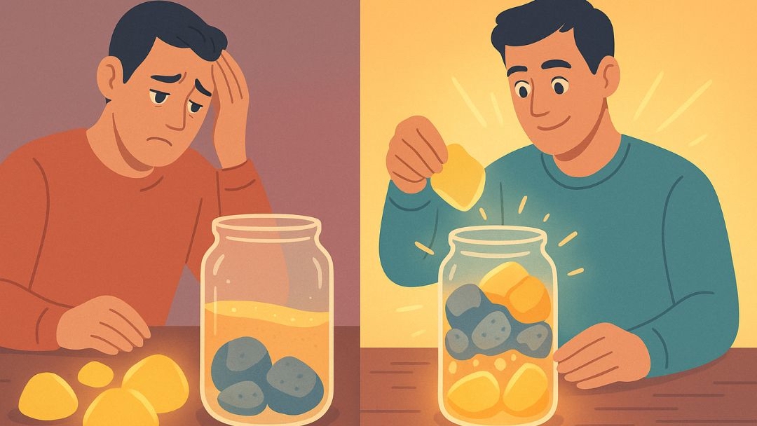 Pickle Jar Theory comparison showing stressed person with poorly prioritized jar versus organized person with properly filled priority jar.