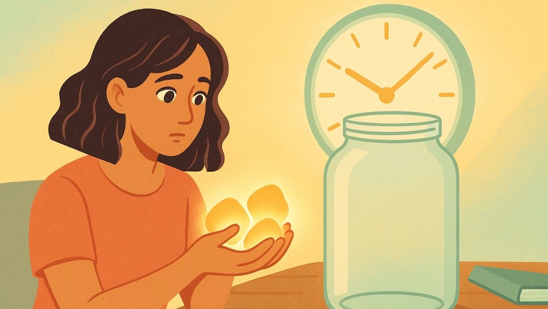 Woman contemplating Pickle Jar Theory time management technique with empty jar and clock, holding priority tasks in hand.