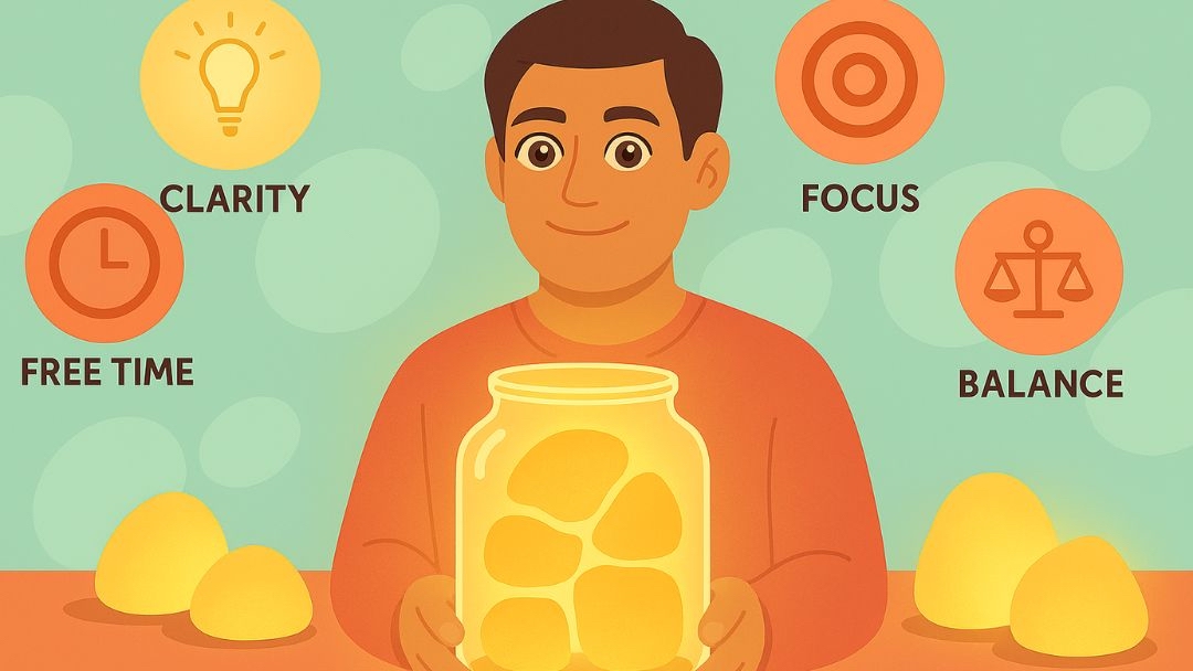 Pickle Jar Theory benefits infographic showing man with jar surrounded by clarity, focus, free time, and balance icons.