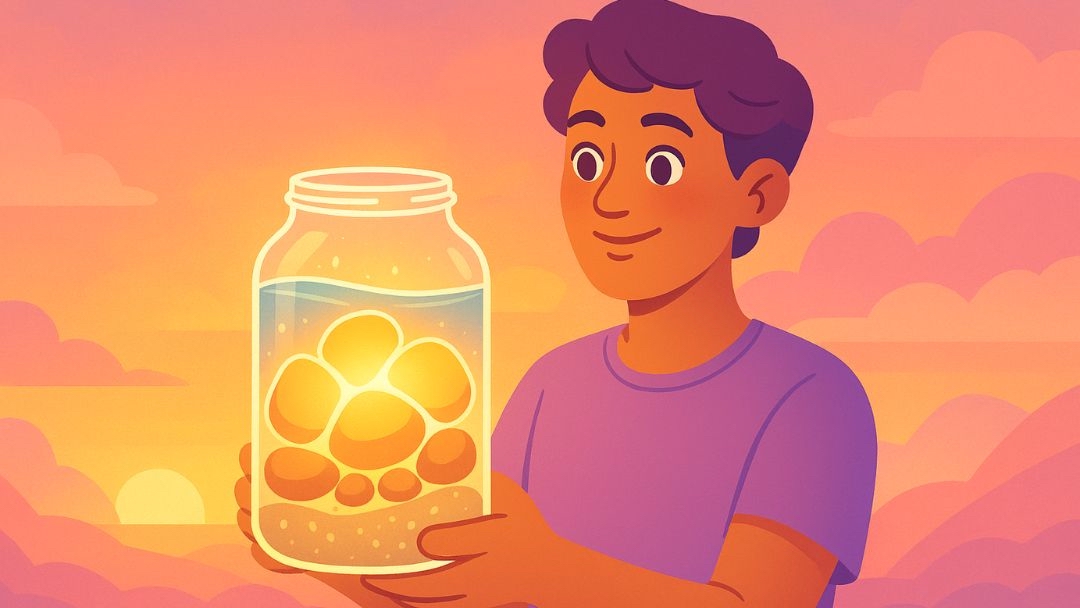 Person holding completed Pickle Jar Theory demonstration with layered priorities against sunset, representing life lessons beyond productivity.