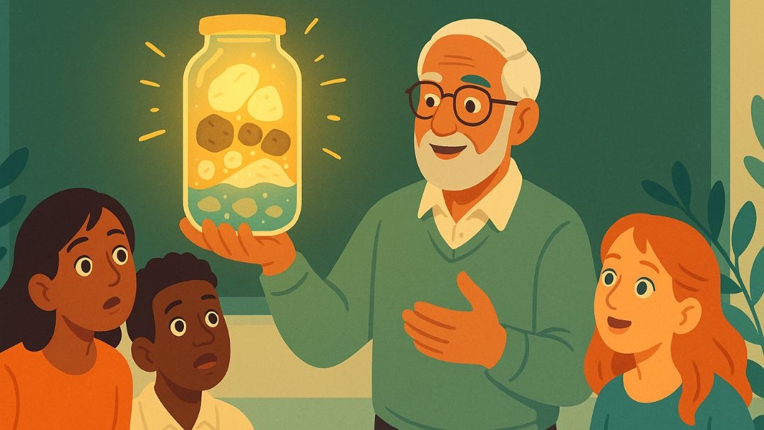 Professor teaching Pickle Jar Theory time management concept with jar filled with rocks and pebbles to students.