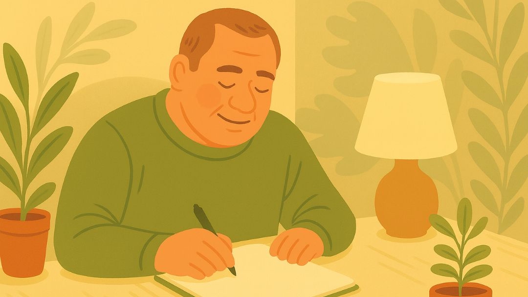 Person writing positive affirmations in peaceful setting as daily self-care practice.