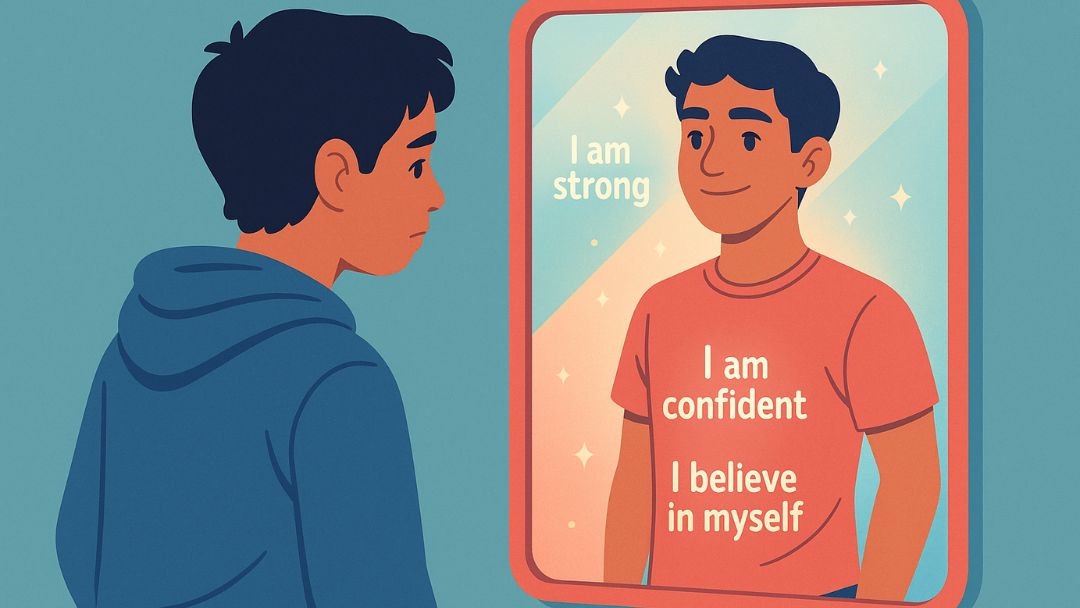 Person using positive affirmations like 'I am strong' and 'I am confident' for self-improvement.