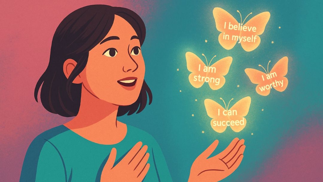 Woman embracing positive affirmations for personal transformation and self-empowerment.