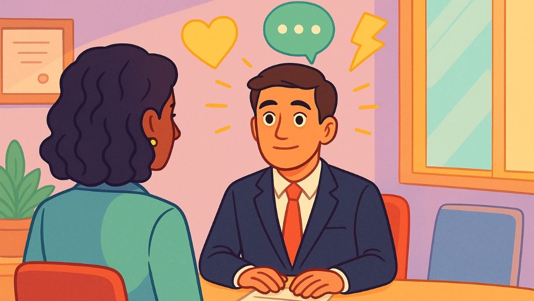 Interviewer and candidate discussing emotional intelligence during employment personality test.