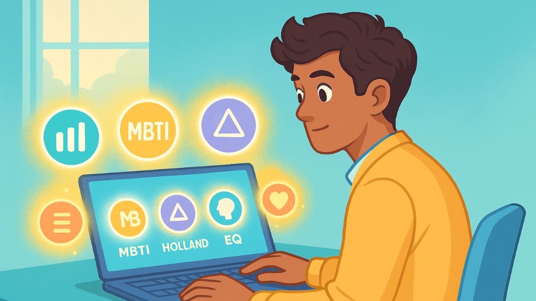 Job seeker taking online employment personality test with MBTI, Holland, and EQ assessments displayed.