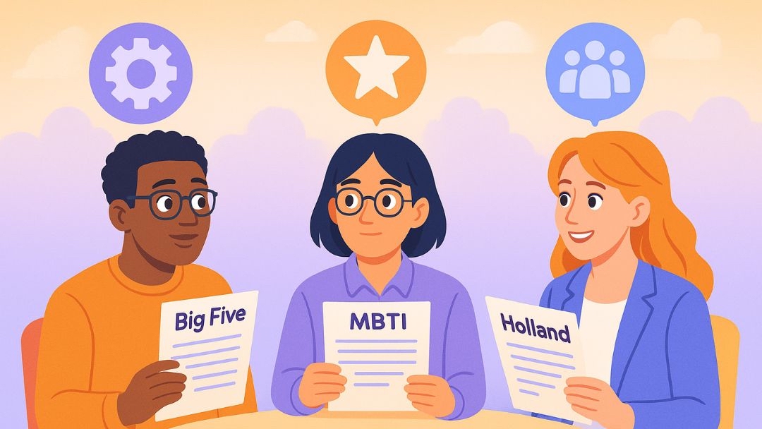 Job seekers holding different employment personality test types including Big Five, MBTI, and Holland assessments.