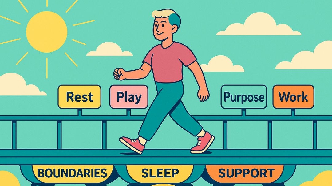 Person balancing rest, play, purpose and work to prevent burnout through flexibility.