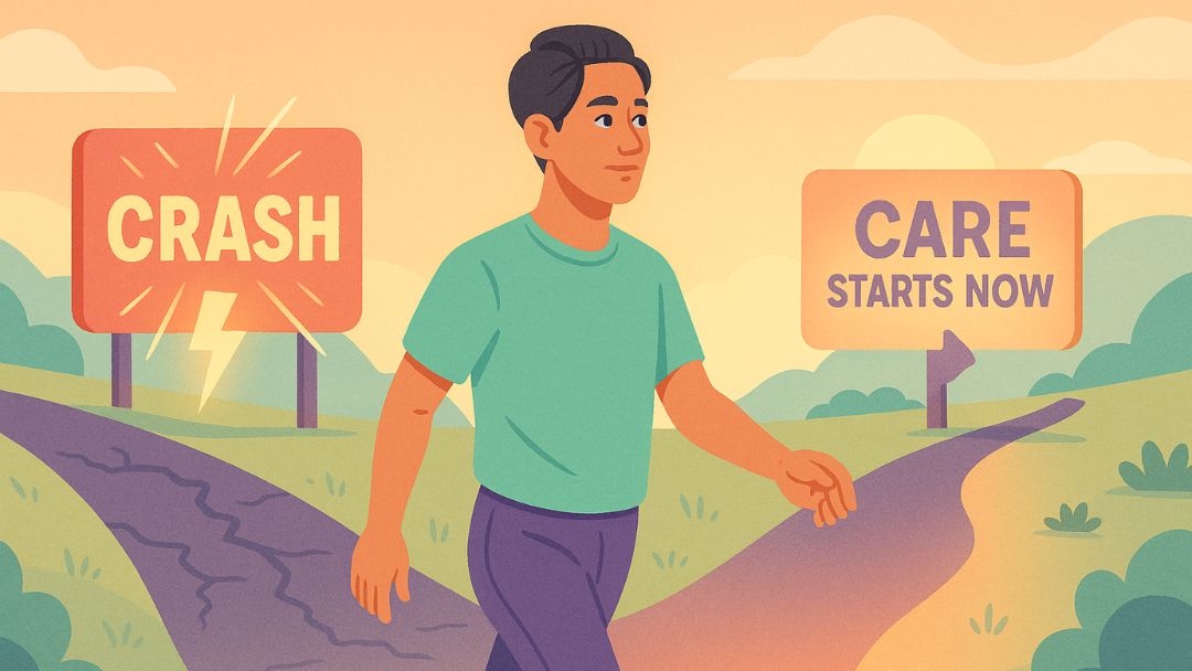 Person choosing self-care path over burnout crash by recognizing early warning signs.