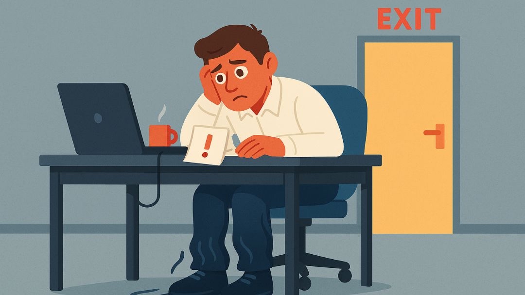Stressed employee considering career change to prevent burnout and find better fit.