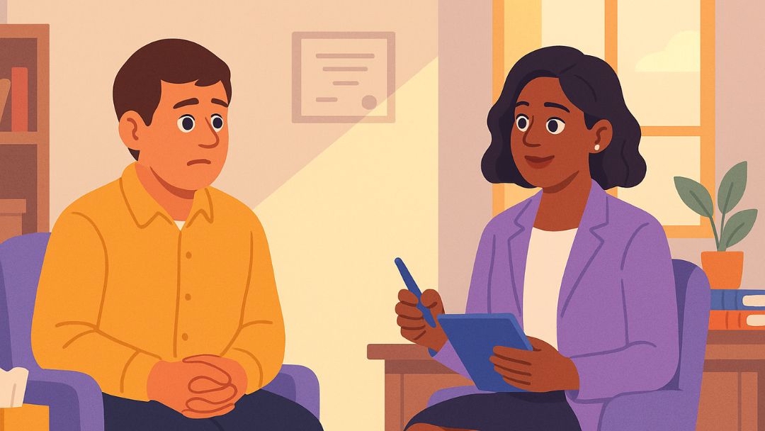 Person seeking professional support to prevent burnout through therapy session.