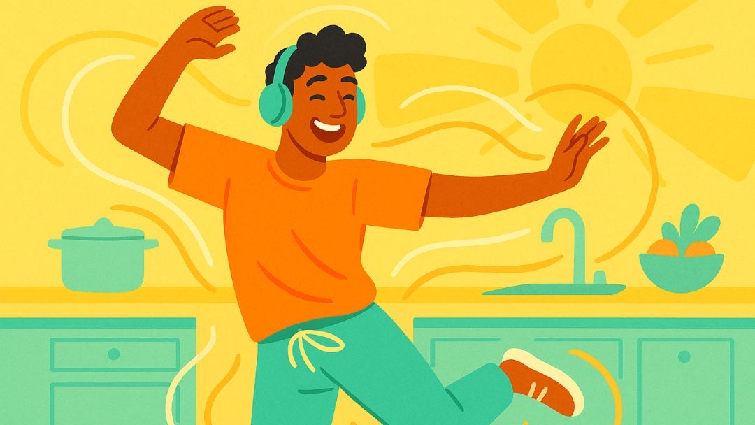 Person dancing in kitchen to prevent burnout through joyful physical movement.