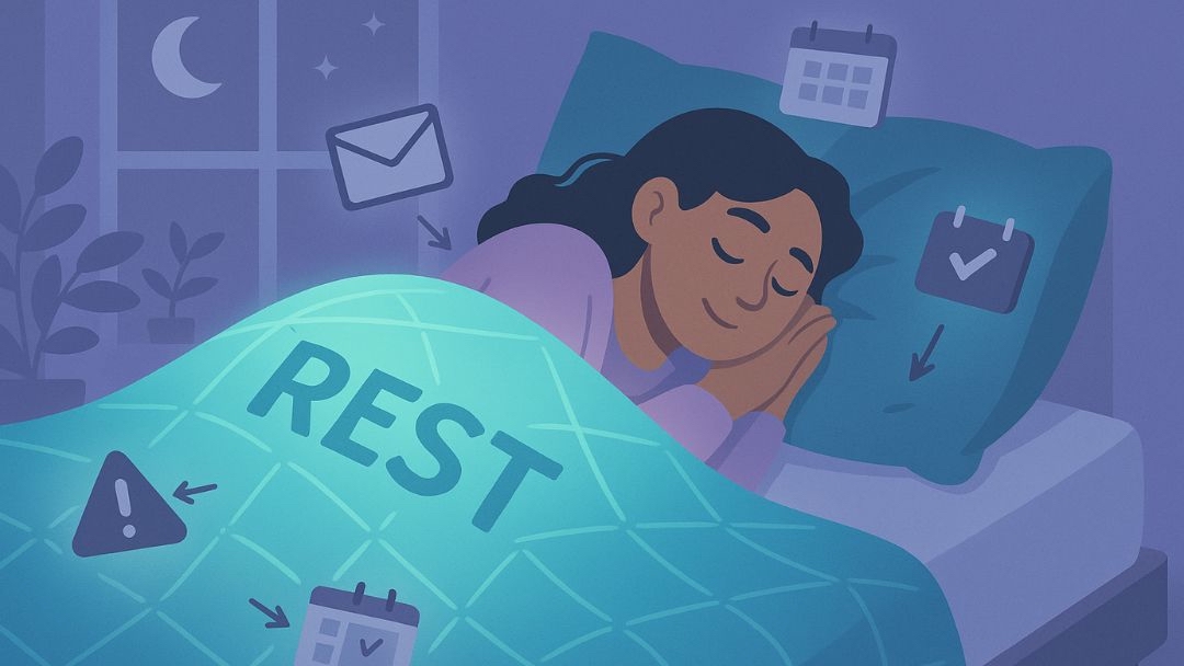 Woman sleeping peacefully with rest schedule to prevent burnout through quality sleep.