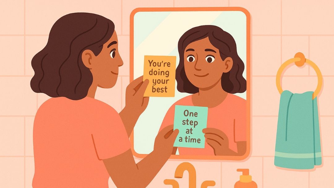 Woman practicing positive self-talk with affirmations to prevent burnout.