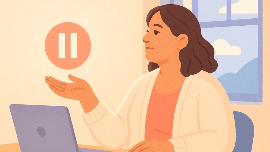 Woman taking intentional pause from work to prevent burnout with micro-breaks.