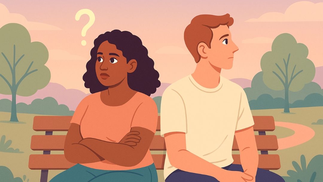 Illustration of a couple sitting apart on a bench, showing relationship doubts about compatibility.