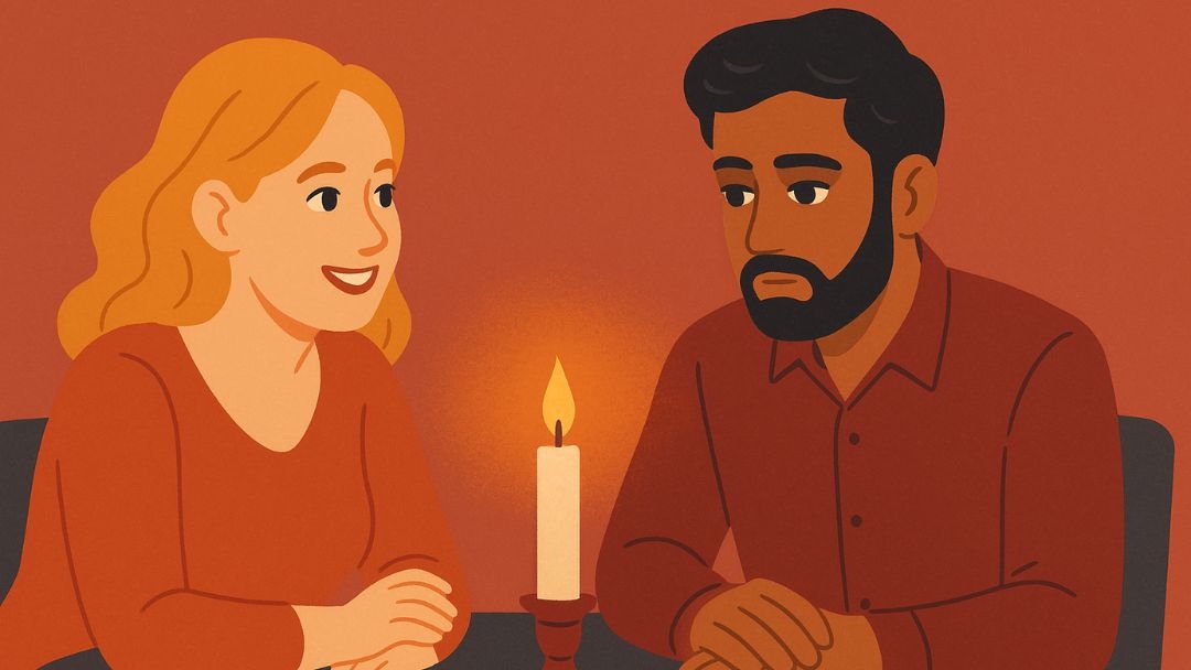 Couple having dinner by candlelight showing mixed emotions about relationship doubts.