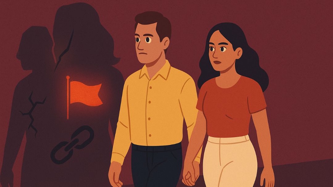 Couple with red flag shadows symbolizing relationship doubts as warning signs.