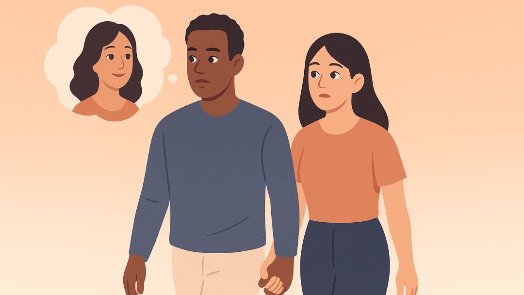 Illustration of a couple holding hands while one partner looks distracted, reflecting relationship doubts about attraction.