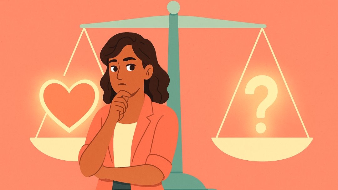 Illustration of a person weighing love and uncertainty, symbolizing relationship doubts.