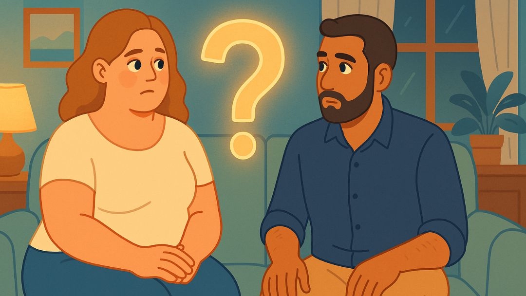 Couple with question mark between them experiencing relationship doubts.