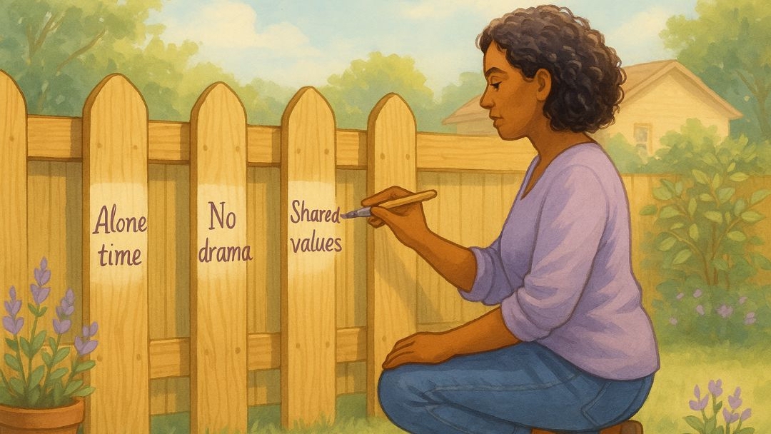 Woman writing relationship non-negotiables on fence including alone time and shared values.