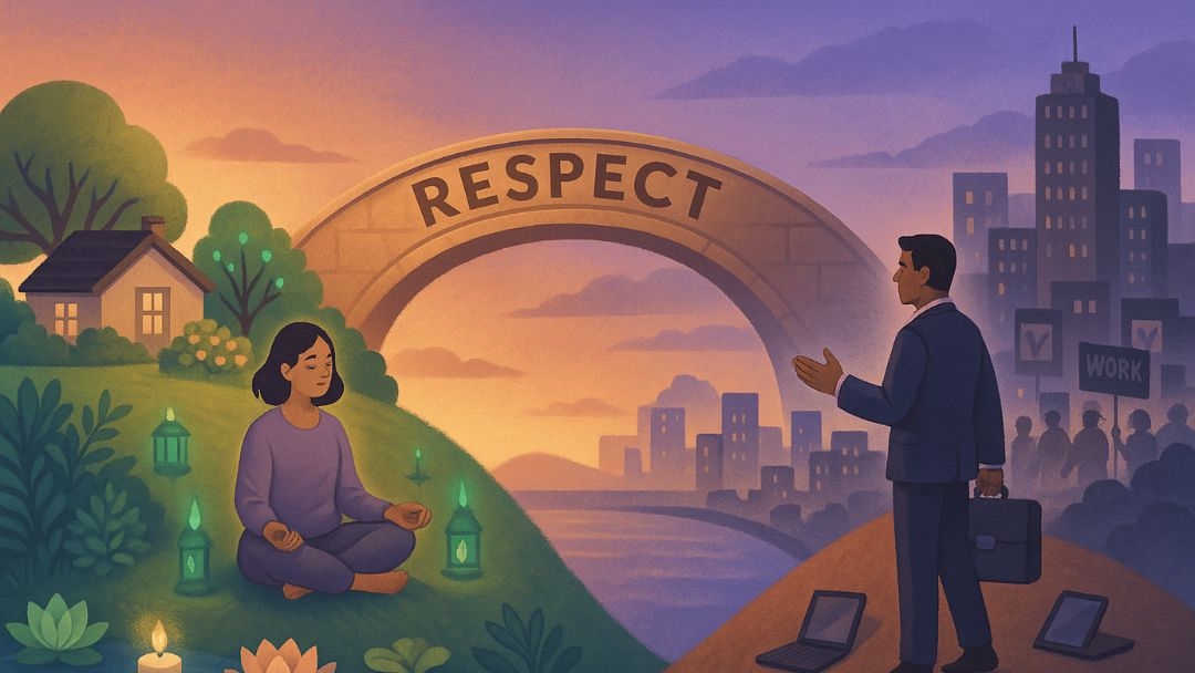 Woman meditating peacefully at home while man works in city under respect arch showing relationship non-negotiables.