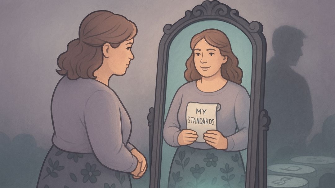 Woman reflecting on her relationship standards and non-negotiables in mirror.