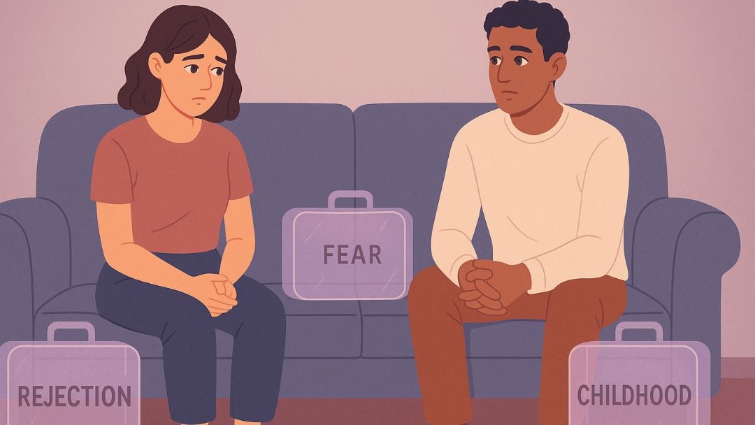 Couple with emotional baggage labeled fear, rejection, and childhood showing hard relationships.