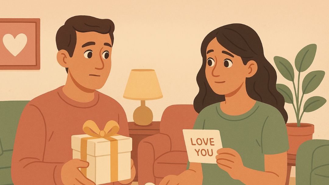 Couple expressing love differently with gifts and words showing why relationships are hard.
