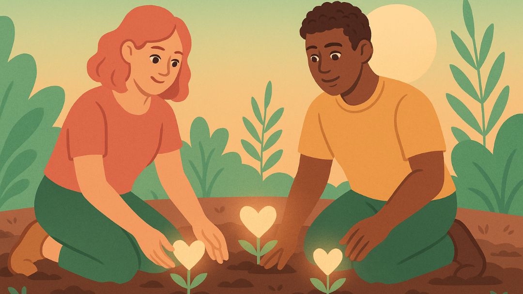 Couple planting heart-shaped plants together showing how relationships are hard without shared activities