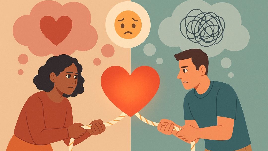 Couple in tug-of-war over heart showing why relationships are hard with conflicting emotions.