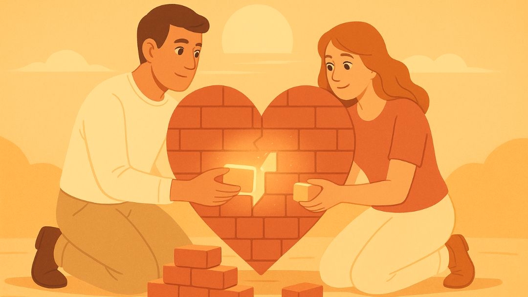 Couple building brick heart together showing relationships are hard work that requires effort.